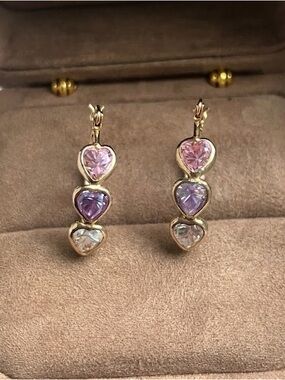 14K Yellow Gold 3 Heart Drop Leverback Gradient Ombre Earrings CZ Pink Purple